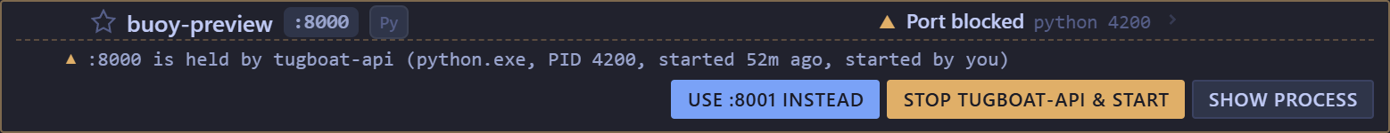 buoy-preview row marked Port blocked: port 8000 is held by tugboat-api, with buttons Use 8001 instead, Stop tugboat-api and start, and Show process